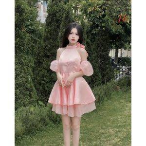 Váy trắng bánh bèo,Đầm cổ yếm(có đệm ngực) dáng trễ vai,váy tafta tay bồng tháo rời mặc sinh nhật, dự tiệc